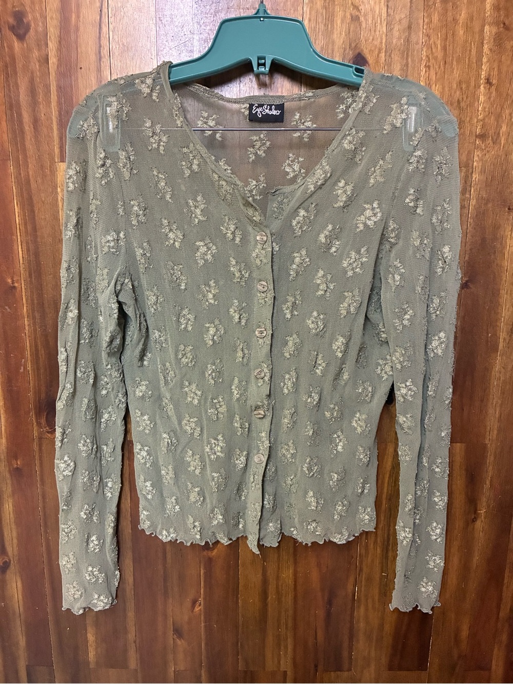 Eyeshadow Y2K Sheer Embroidered Olive Green Buttoned Women's Top (M-estimated)
